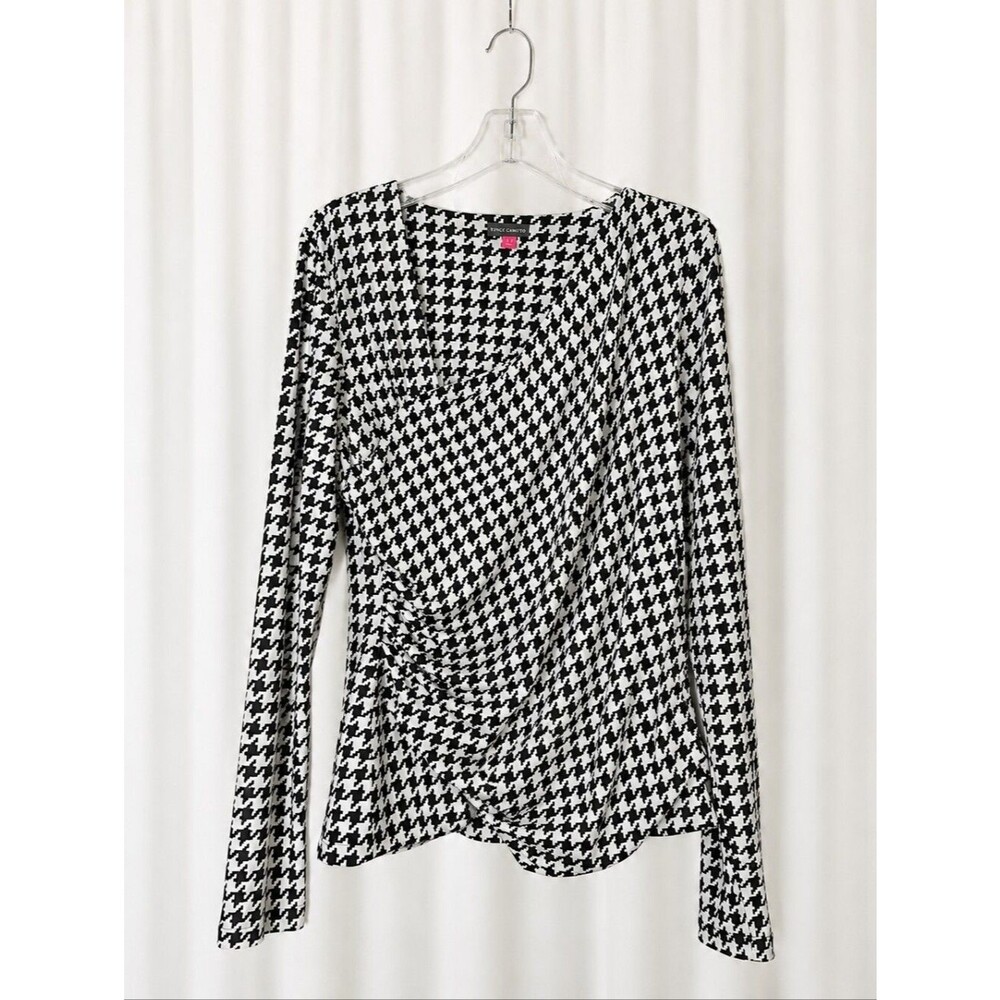 Vince Camuto Black White Houndstooth Ruched Faux Wrap Stretch Knit Career Blouse